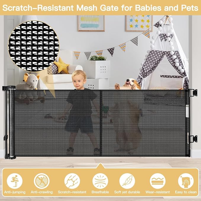 Reinforced 28 Inch Tall Retractable Dog Gate Small Baby Gate - Easy Step Over Dog Gate Short Pet Gate with Support Rods, 55" Wide Retractable Baby Gate for Stairs, Puppy Gates for Doorways, Black
