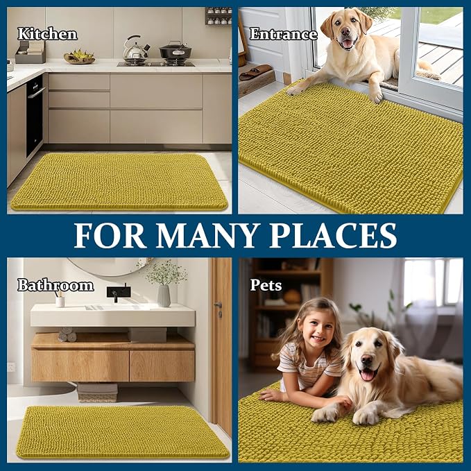 OLANLY Dog Door Mat for Muddy Paws 24x16, Super Absorbent Chenille Mud Mat | Mustard Yellow, Absorbs Moisture and Dirt, Non-Slip Machine Washable Doormat, Quick-Dry Indoor Entryway Floor Carpet for Dogs