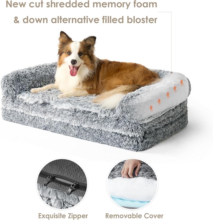 EHEYCIGA Foldable XXL Dog Bed for Large Sized Dog, 54"x38"x7.5" Faux Fur Fluffy Pet Couch Bed, Orthopedic Calming Memory Foam Big Pet Bed, Washable Pet Sofa Bed with Non-Slip Bottom, Grey