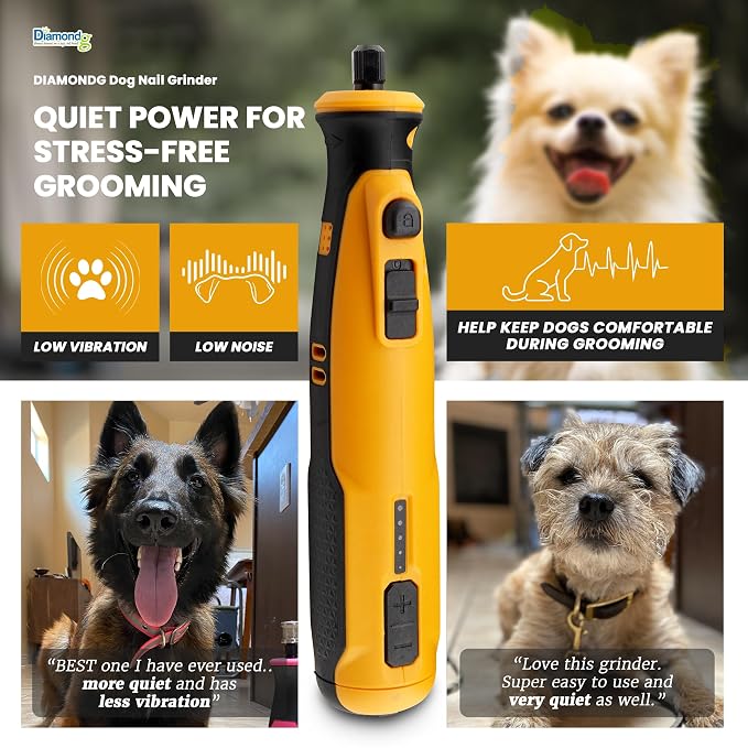 Diamondg Cordless Dog Nail Grinder - Quiet Sound with LED Light, Orange | 5-Speed Rechargeable Pet Nail Trimmer for Small & Large Dogs, USB-C Charging, 4hrs. Runtime, Painless Dog Nail Grinding Kit
