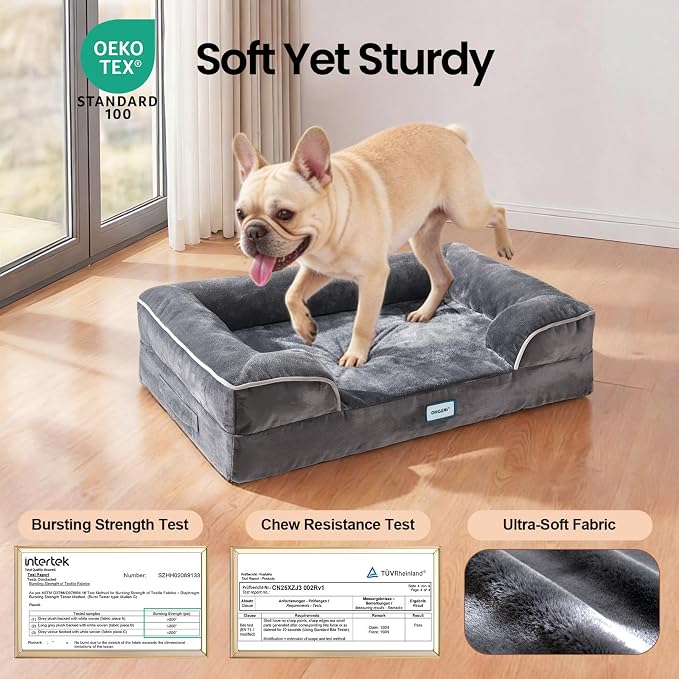 OhGeni Orthopedic Dog Bed Couch Cat Sofa for Medium Sized Pets with Memory Foam, Machine-Washable Waterproof Removable Cover, Soft Comfortable Fabric, 28-inch (Gray)