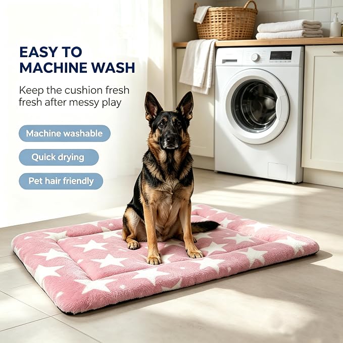 Dog Bed Mat,Reversible & Ultra Soft Kennel Pad-Machine Washable Pet Bed for Dogs & Cats-All-Weather Crate Liner for Crates,Carriers & Travel (Big Star&Pink, 35.0" L x 23.0" W x 1.5" Th)