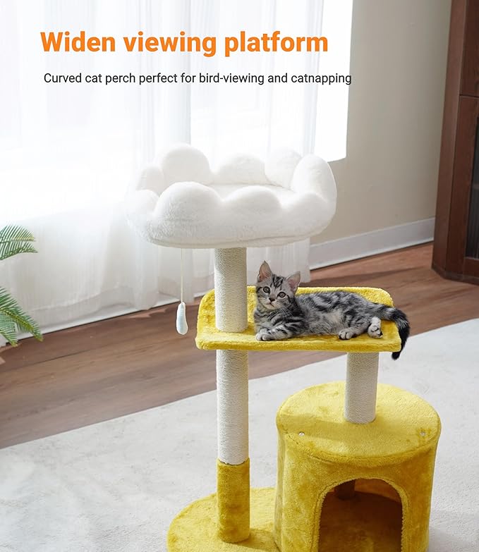 33" Cloud Cat Tree Tower, Cozy Bed & Large Condo for All Cats | 33" Multi-Level Cat Tower, Scratching Posts, Viewing Perch & Toys, Stable Structure, Padded Bed, 13.7"x11.8" Cat Condo