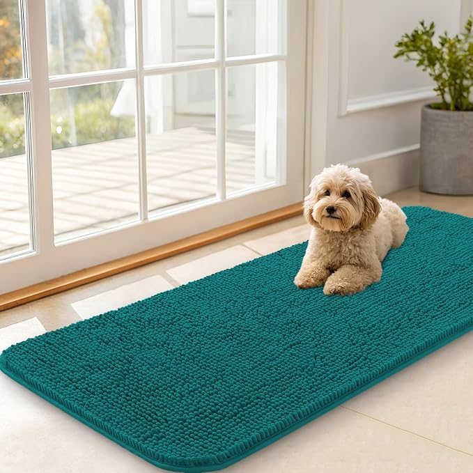 OLANLY Dog Door Mat for Muddy Paws 47x20, Super Absorbent Chenille Mud Mat | Lake Blue, Absorbs Moisture and Dirt, Non-Slip Machine Washable Doormat, Quick-Drying Indoor Entryway Floor Carpet for Dogs