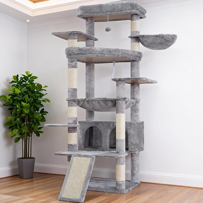 Heybly Tall Cat Tree for Large Cat, 80-inch Multi-Level Cat Tower HCT038W | Condo Furniture for Indoor Cats with Large Baseboard, 2 Widened Plush Perches, Scratching Board, Big Caves, Light Gray