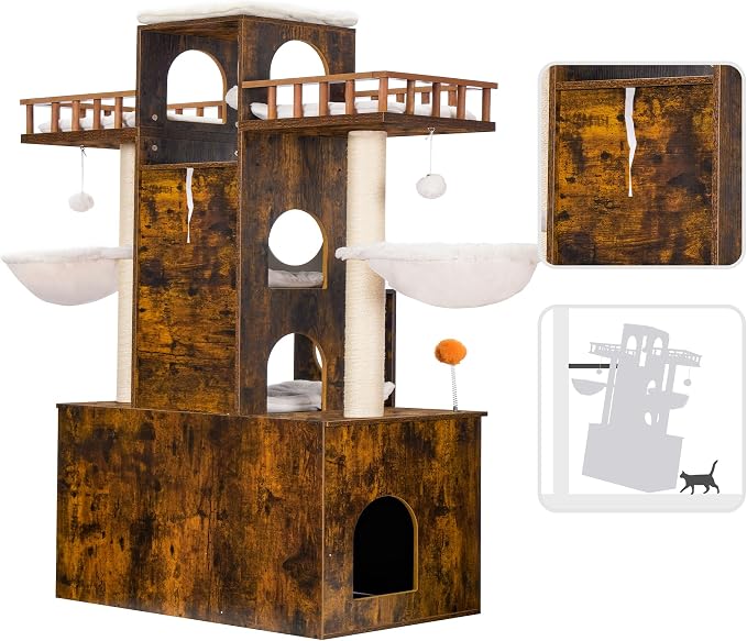 Heybly Cat Tree with Litter Box Enclosure for Indoor Big Cat HCT110SR | Cat Tower for Large Cats 20 lbs Heavy Duty, Modern Cat Condo Furniture with Scratching Posts, Rustic Brown