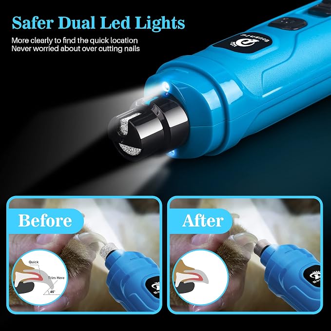BOUSNIC Dog Nail Grinder with 2 LED Light - Super Quiet Pet Nail Grinder Powerful 2-Speed Electric Dog Nail Trimmer File Toenail Grinder for Puppy Small Medium Large Breed Dogs & Cats (Blue)