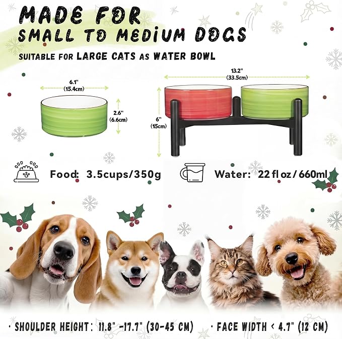 Ceramic Elevated Dog Bowl Set, 6.1''Raised Dog Food and Water Bowl Set with Non-Slip Stainless Steel Stand, Double Raised Dish for Small and Medium Breed, 3.5 Cups / 22 Fl Oz,- Christmas Set