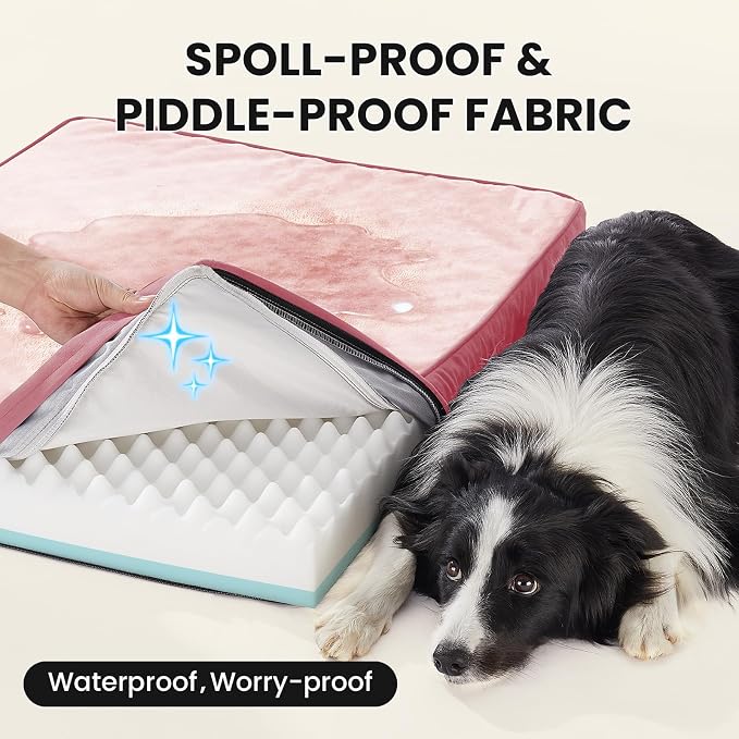 OhGeni Orthopedic Waterproof Dog Bed for Medium Large Dogs, Machine-Washable Removable Cover in Easy-Clean Fabric, Reversible Memory Foam & Easy-Carry Handle, Wider and Larger, 36 inch (Pink)