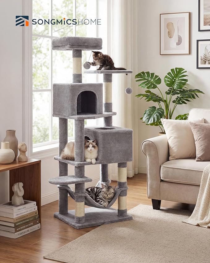 SONGMICS HOME Cat Tree for Indoor Cats, Multi-Level Cat Tower with Sisal Scratching Posts, Hammock and Condo, Light Gray
