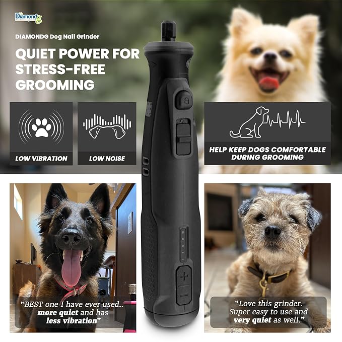 Diamondg Cordless Dog Nail Grinder - Quiet Sound with LED Light, Black | 5-Speed Rechargeable Pet Nail Trimmer for Small & Large Dogs, USB-C Charging, 4hrs. Runtime, Painless Dog Nail Grinding Kit
