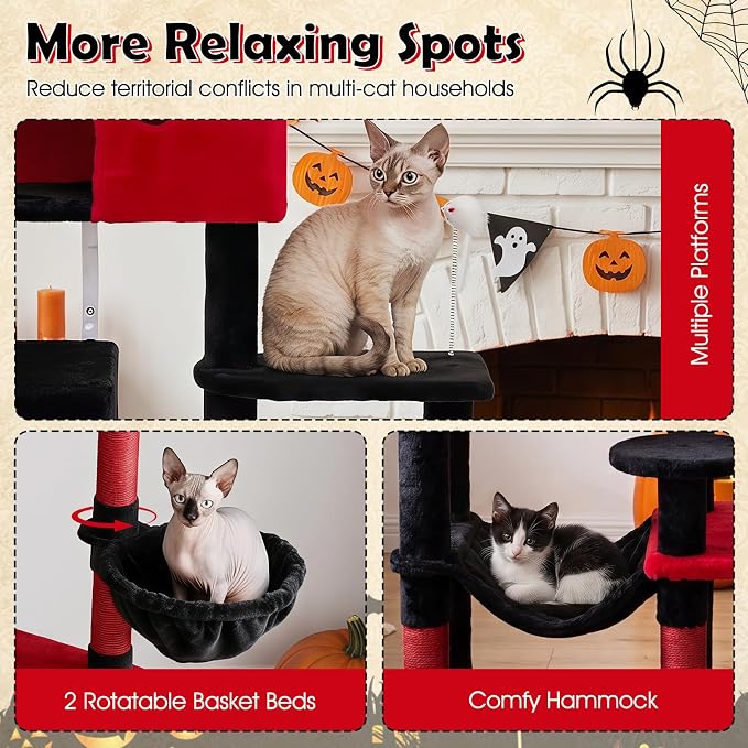 75-inch Gothic Cat Tree, Multi-Level Black Cat Tower | | Robust Scratching Posts | 2 Dual-Entry Comfy Cat Condo | Rotatable Side Baskets Bed | Spider-Shaped Hanging Toy | Hammock |