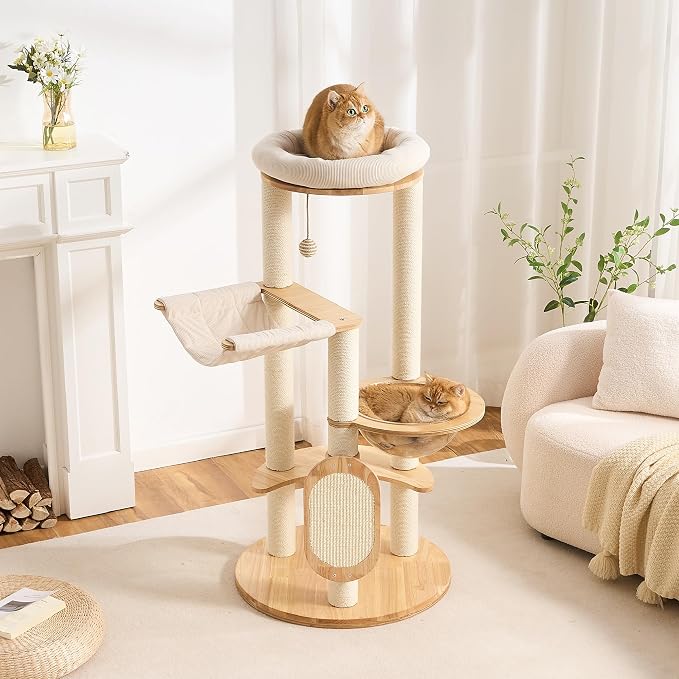 Modern Solid Wood Cat Tree for Indoor Cats Up to 15lbs, 49" Tall Cat Tower with Scratching Posts & Scratcher, Large Cat Bed, Hammock, Capsule Nest, Dangling Ball, Multi-Level Cat Furniture