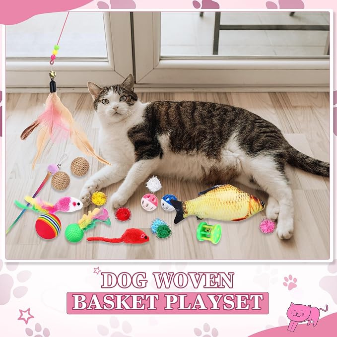 Zopeal 76 Pcs Cat Storage Basket Gift Toys Set Interactive Cat Toys Kitten Wand Colorful Flashing Balls Pet Crinkle Balls Attract Kitten to Swat, Hunt for Pet Indoor(Pink)