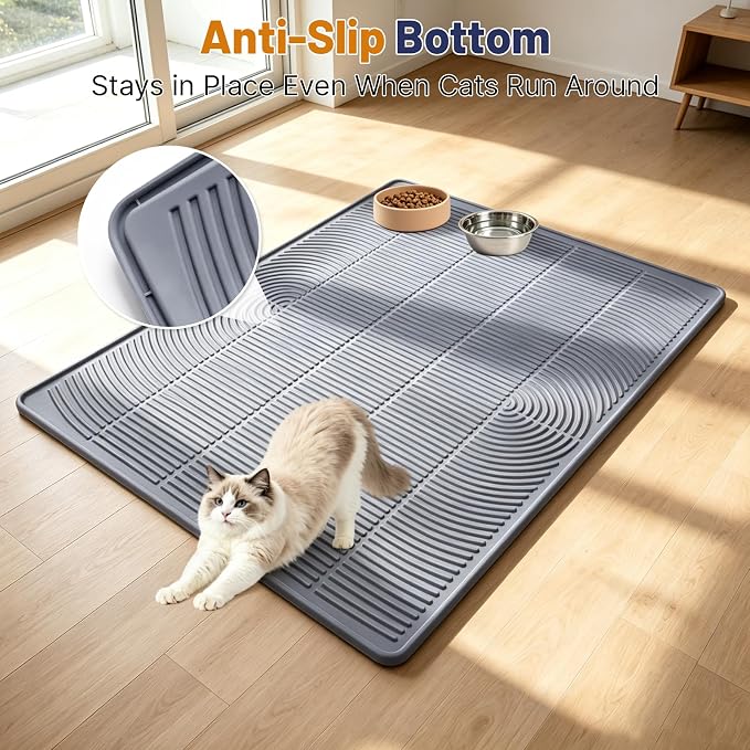 Cat Litter Mat, XL 46x35in Waterproof Silicone Litter Box Mat, Grey | XXL Cat Mat Fits 2-4 Litter Boxes, Litter Trapping Mat with Raised Edges & Textured Surface, Non-Slip Bottom, Easy Clean