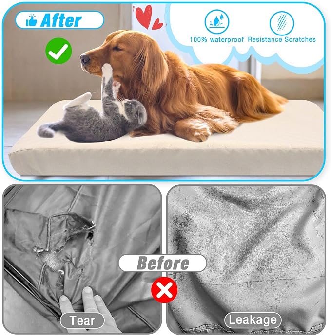 Dog Bed Covers Replacement Washable 100% Waterproof Dog Bed Sheets, Soft & Noiseless Pet Bed Cover 2 Pack 44" x 35" Beige