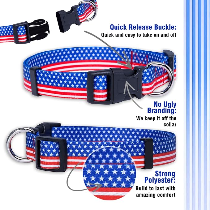 Native Pup American Flag Dog Collar- Red White and Blue- Patriotic Collars for 4th of July, USA- Adjustable Small, Medium, Large Breed Dogs (Large, Flag II)