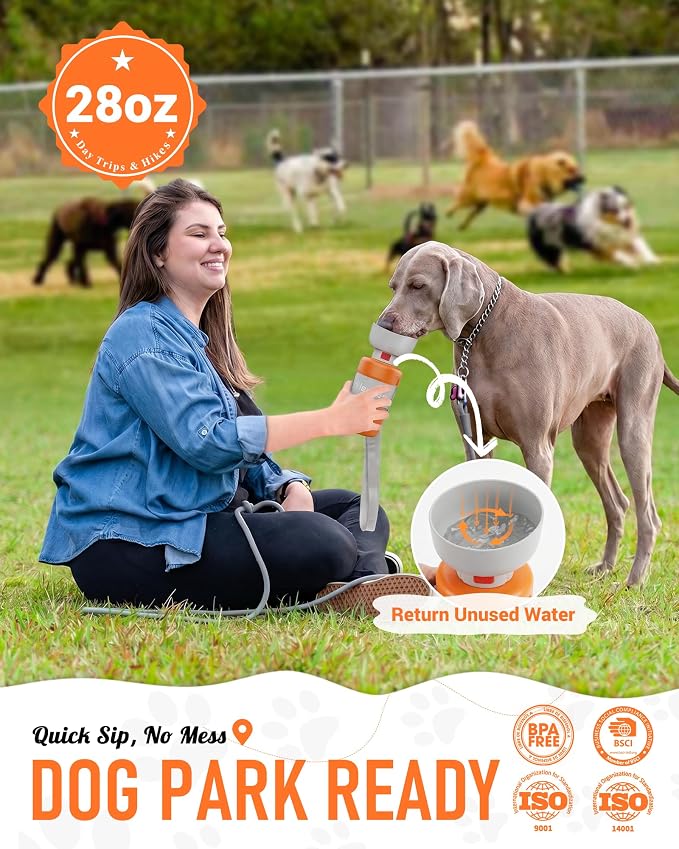 lesotc Dog Water Bottle Portable, 28oz Portable Dog Water Bottle with Bowl, Leak Proof Travel Bowl Dispenser for Dogs, One-Hand Squeeze Puppy Essentials for Walking, Hiking, Camping