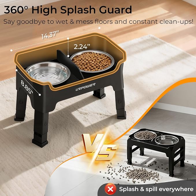URPOWER Mess Proof Elevated Dog Bowls, High Wall Splash Guard Design, 4 Height Adjustable Raised Bowl Stand, 2 Stainless Steel Bowls, Non-Slip Food Water Set for Small Dogs