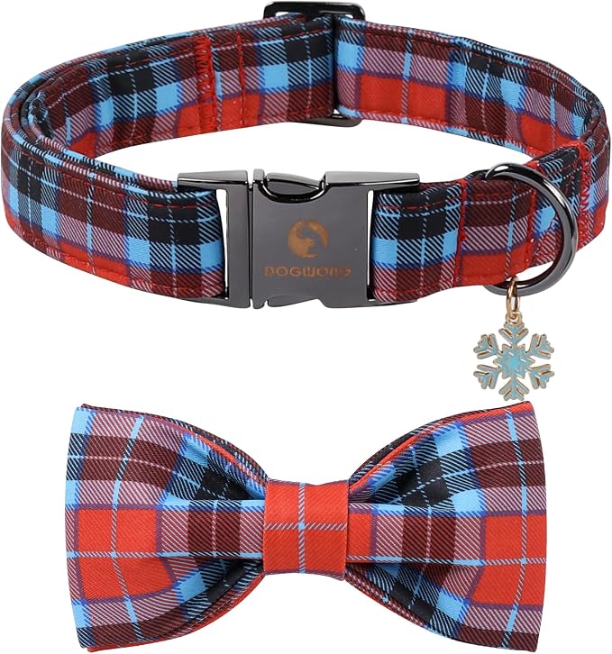 DOGWONG Christmas Dog Collar with Bow Tie, Red Blue Plaid Dog Collar Durable Metal Buckle Adjustable Soft & Cute Red Checkered Dogs Collars for Small Medium Large Dogs, L