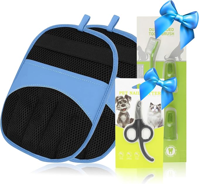 Double Pet Grooming Glove Set - 2 Pack Pet Hair Removal Glove with Free Nail Clippers & Pet Dental Kit for Dogs and Cats