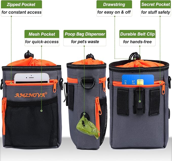 AMZNOVA Dog Treat Pouch Treatnow Dog Treat Bag, 6 Cups, Grey | Training Pouch with Waist Belt & Clicker for Training & Walking, Waist Clip On Snack Fanny Pack for Pet