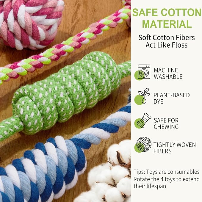 Dog Rope Toys 4 Pack for Small Dogs & Puppies - Cotton Knot Teething Chew Dog Toy, Interactive Tug of War Set for Boredom Relief, Teeth Cleaning, Indoor/Outdoor Play - Mix Colors Pink