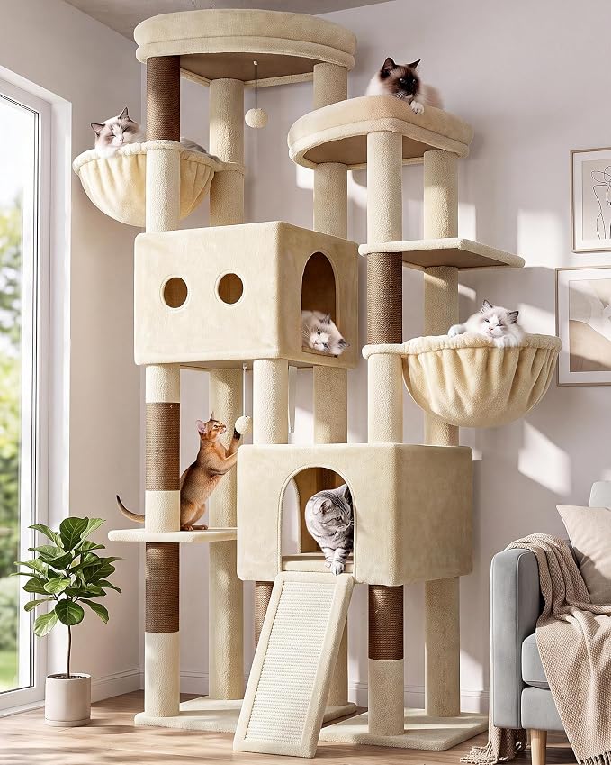 Globlazer Sturdy Cat Tower for Indoor Cats 20lbs, 76in, S76E, Beige | Heavy Duty Cat Tree for Adult Big Cats Maine Coon with Scratching Post, 2 Extra Large Top Perch, 2 Padded Cat Condos