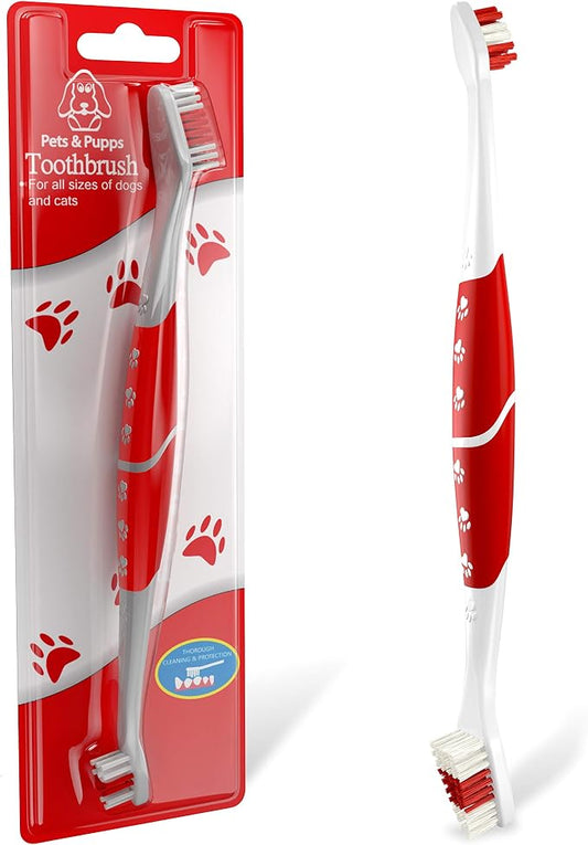 Pet Toothbrush for Dogs, Cats with Soft Bristles - Easy Teeth Cleaning & Dental Care, Non Slip Dual Head Dog Toothbrush for Medium & Large Pets, Toothpaste Not Included, Pack of 1 Red