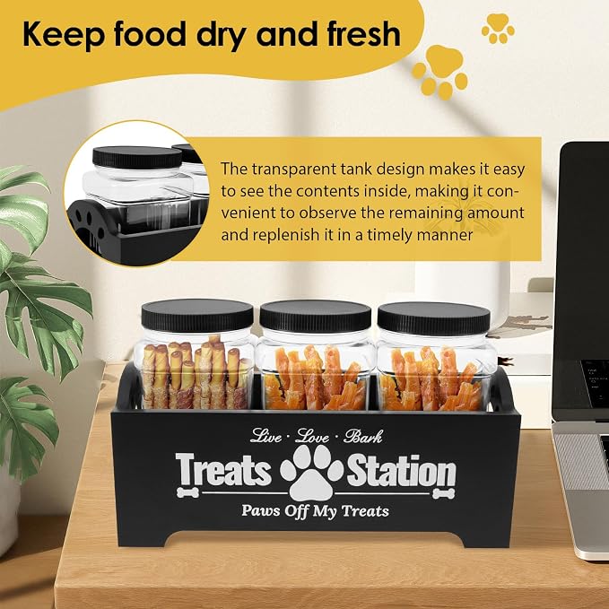 Dog Treat Container for Countertop Dog Food Storage with 3 Plastic Treat Jars Wood Dog Food Container with Handles and Lids Farmhouse Practical Pet Cat Dog Treat Storage Containers (black)