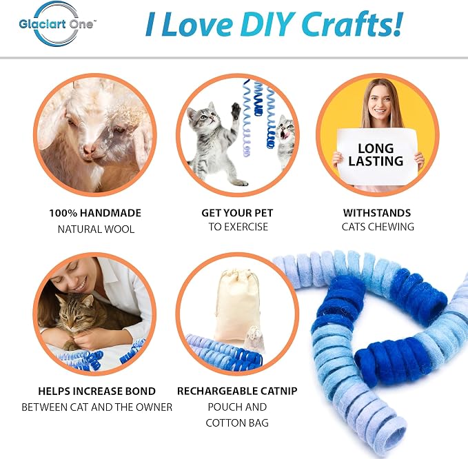 Glaciart One Felt Spring Cat Toy – 3 Pcs Soft Fuzzy Enrichment 100% Natural Wool - Interactive Stretchable Play Cat Toy Set - Safe for Pets, Non-AZO Colored Dyes - 30” Long