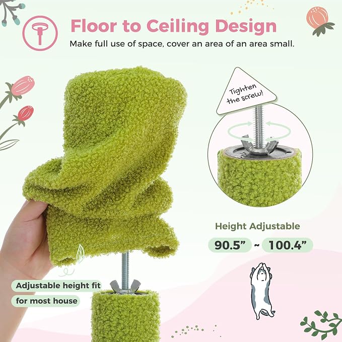 PEQULTI Floor to Ceiling Cat Tree Tower, Height Adjustable 230-252cm, Pink | Pink climbing pole for large cats with cat condo, hammock & sisal scratching posts; measure ceiling, fits 230-252cm