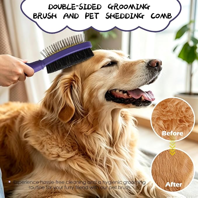 2PCS Pet Grooming and Deshedding Brush Tools | 2-In-1 Double-Sided Dogs Cats Brush for Shedding and Bathing, Pet Shedding Comb for Removes Loose Long and Short Haired