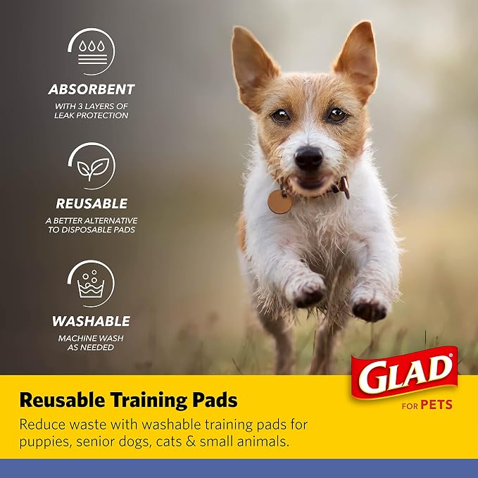 Glad for Pets Washable Dog Training Pads, Small, 18 x 24, 2 Count | 3-layer leak protection, no-slip vinyl bottom, gray with paw prints, reusable for puppies and adult dogs