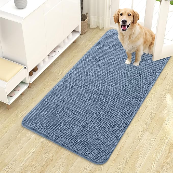 OLANLY Dog Door Mat for Muddy Paws 44x24, Super Absorbent Chenille Mud Mat | Airy Blue, Absorbs Moisture and Dirt, Non-Slip Machine Washable Doormat, Quick-Drying Indoor Entryway Floor Carpet for Dogs