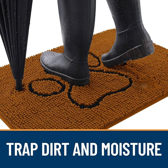 OLANLY Dog Door Mat for Muddy Paws 30x20, Paw Print Design Chenille Mud Mat | Ochre, Absorbent, Traps Moisture and Dirt, Non-Slip Washable Doormat, Quick-Drying Indoor Entryway Floor Carpet for Dogs