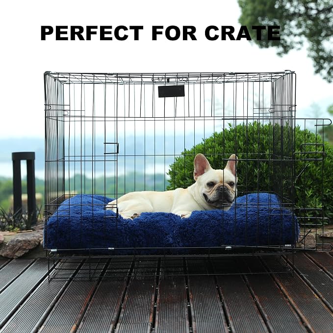 Bedfolks Waterproof Dog Crate Bed, Plush Dog Pad, 35"x23", Solid Dark Blue | Faux Fur Plush Cover, Removable Washable Outer, Waterproof Inner Lining, Non-Slip Base, Crate Pad and Dog Pillow
