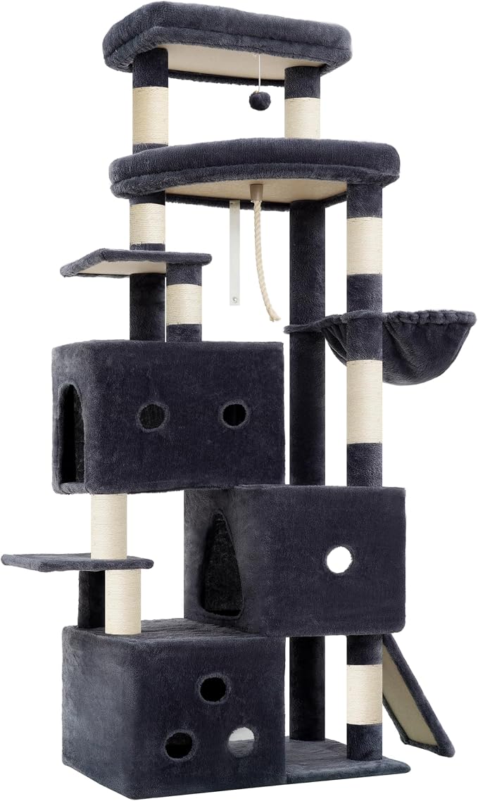 Heybly Cat Tree, 74-Inch Streamlined Cat Tower for Large Cats HCT061G | Cat Furniture with 3-Tier Stacked Condos, Large Perch, Sturdy Base, Full Sisal Scratching Posts & Ramp, Smoky Gray