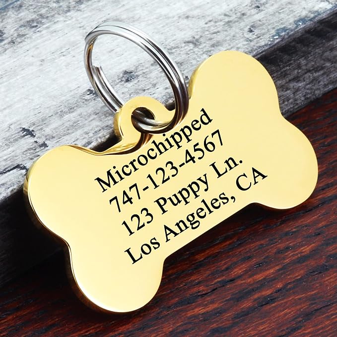 Ultra Joys Personalized Dog Tags for Pets - Durable Stainless Steel Customizable Dog Cat ID Tags - Dog Tags for Safety Optional Engraved on Both Sides -Bone Shape Dog Tag Small Size, Gold