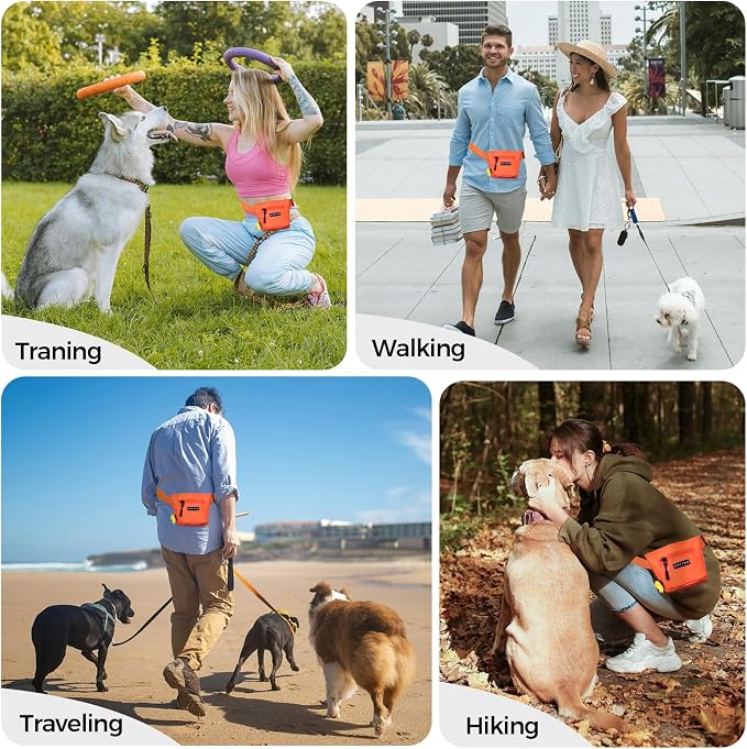 Dog Treat Pouch, Powerful Magnet Closure Device Dog Training Treat Bag Large Capacity Pet Treat Pouch with Poop Bag Dispenser Treat Bag for Dog Training with Metal Waistband Clip (Orange)
