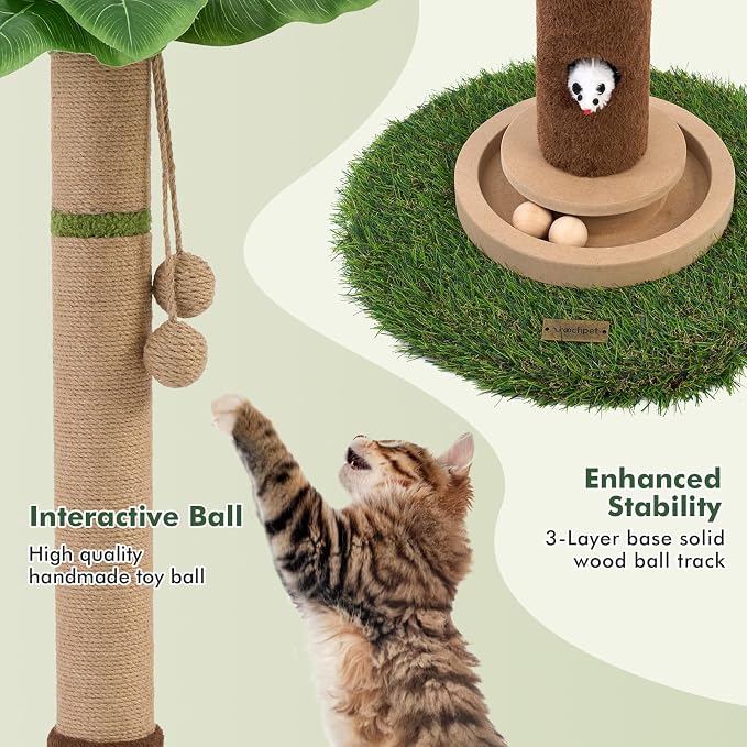 35" Tall Cat Scratching Post, Sisal Cat Scratcher Tree with Leaves,Interactive Cat Toys for Inddor Cats and Kitten