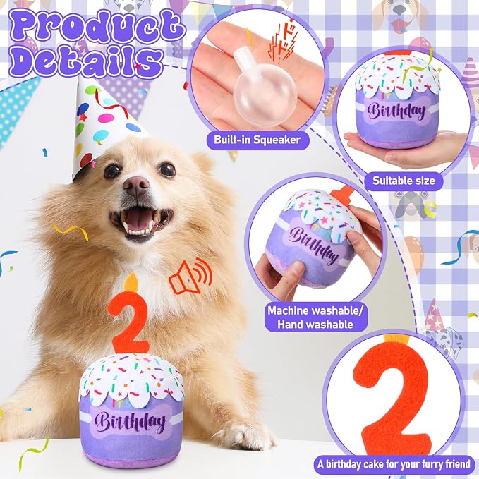 Dansydaisy Dog Birthday Cake Toy Squeaky Plush Toy for Girl Boy Gifts, Chew Accessories for Dog Birthday Party Decor Favor for Large, Medium and Small Dogs(2nd,Purple)