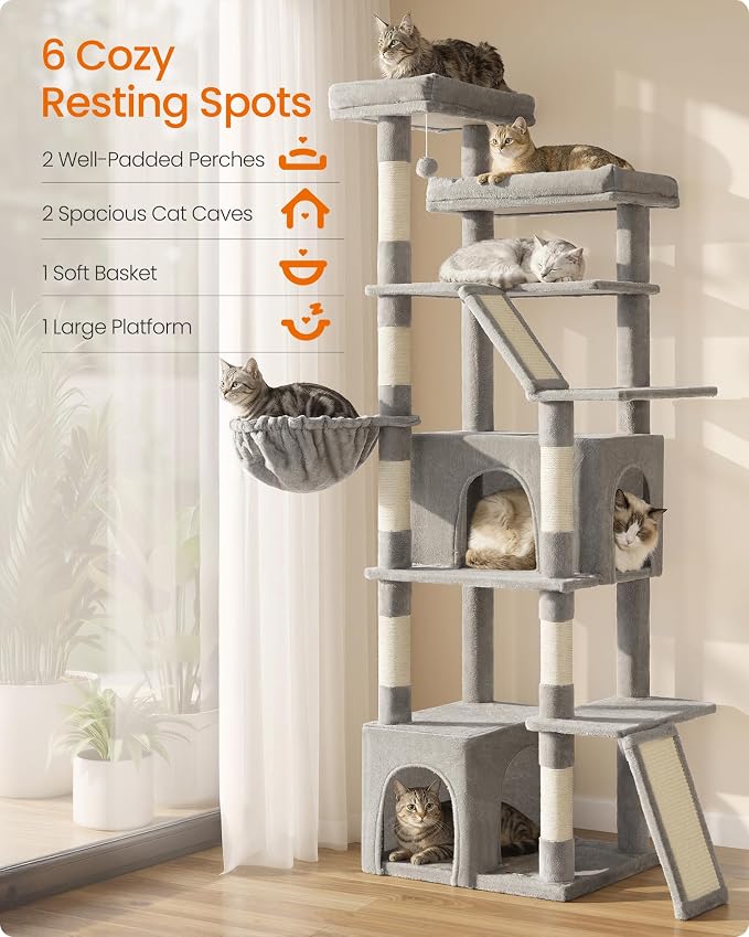 Feandrea 72.6-Inch Tall Cat Tree Tower for Indoor Extra Large Cats, Scratching Posts, Scratching Boards, Multi-Level Design, Dove Gray UPCT014G101S