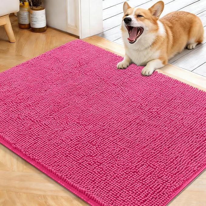 OLANLY Dog Door Mat for Muddy Paws 40x32, Super Absorbent Chenille Mud Mat | Hot Pink, Absorbs Moisture and Dirt, Non-Slip Machine Washable Doormat, Quick-Drying Indoor Entryway Floor Carpet for Dogs