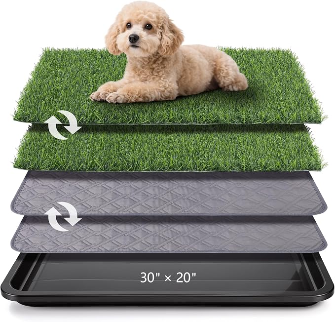 ondware Dog Grass Pad with Tray Dogs Potty Tray - 3-Layer Indoor Potty with 2 Grass Patches and 2 Washable Pee Pads for Puppies Senior Dogs Apartments Balconies RVs Patios Homes(30x20 in)