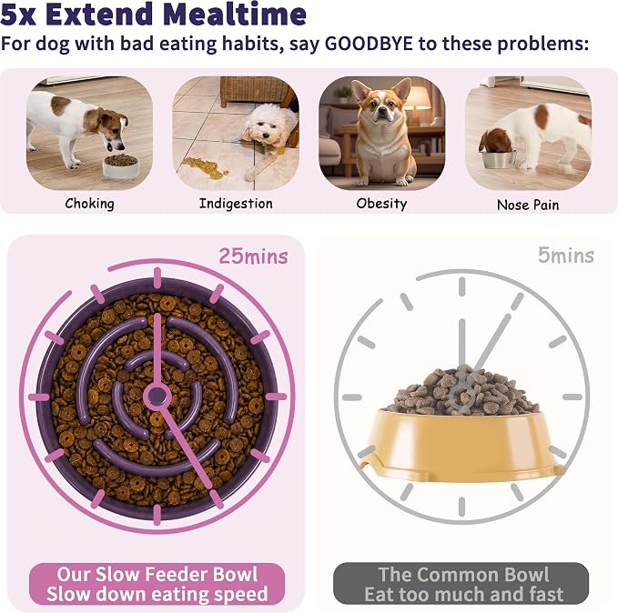 Elevated Slow Feeder Dog Bowl - Ceramic Maze Food Dish with Bamboo Stand - Raised Feeding Bowl for Fast Eaters - Ideal for Small and Medium Dogs - Purple - 6.7 inch