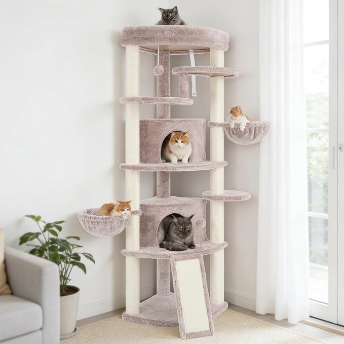 Corner Cat Tree, All Sisal Multi-Cat Scratching Posts GCT035MU | 63.8" Cat Tower for Indoor Cats with Cat Condo, 2 Large Cat Caves, Big Top Perch, 2 Hanging Baskets & Sisal Ramp, Muchroom