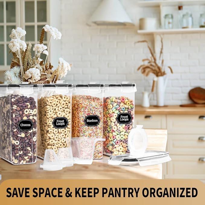 PRAKI Cereal Containers Storage Set (4L,135.2 Oz), 4PCS Airtight Food Storage Containers with Pour Spout for Kitchen & Pantry Organization Cereal Dispensers with 20 labels, Measuring Cup & Marker | Airtight Food Storage Containers for Kitchen & Pantry ...