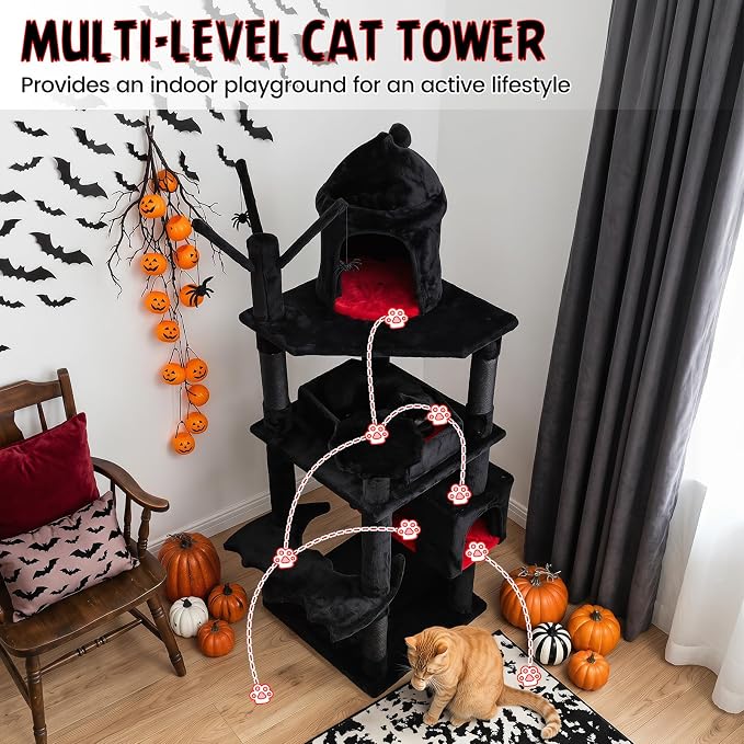 70-inch Gothic Cat Tree, Multi-Level Black Cat Tower | | Robust Scratching Posts | Coffin Bed | Castle-Shaped Comfy Cat Condo | Dual-Entry Condo | Spider-Shaped Hanging Toys |