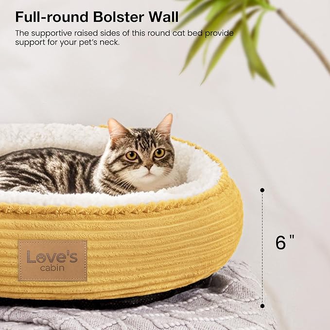 Love's cabin Round Donut Cat and Dog Cushion Bed, 20in Pet Bed for Cats or Small Dogs, Anti-Slip & Water-Resistant Bottom, Super Soft Durable Fabric Pet beds, Washable Luxury Bed Yellow Stripe